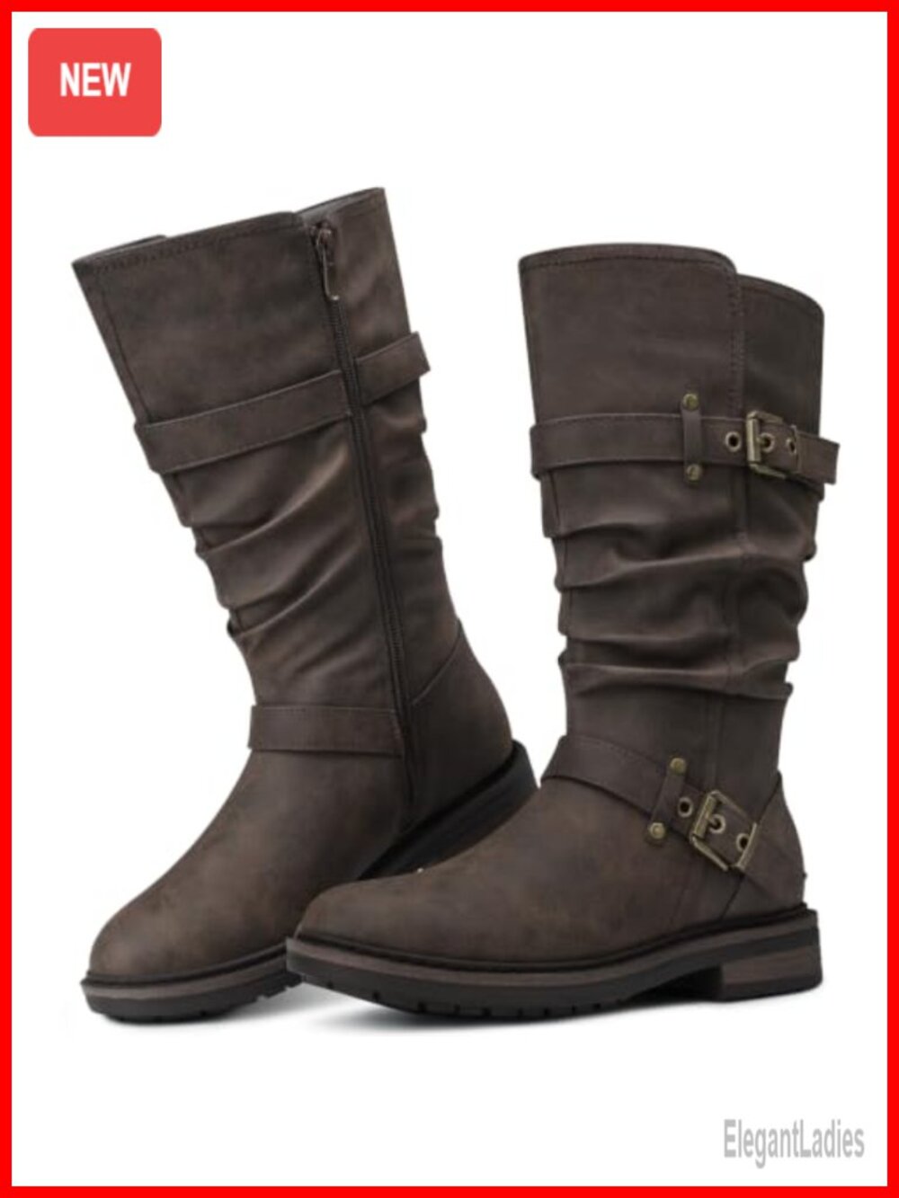 Faux Leather Mid Calf Boots Wide Calf Low Heel Riding Boots